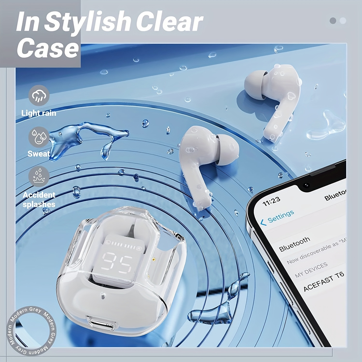 new power display in ear headset transparent space capsule noise reduction tws in ear wireless earphone details 3