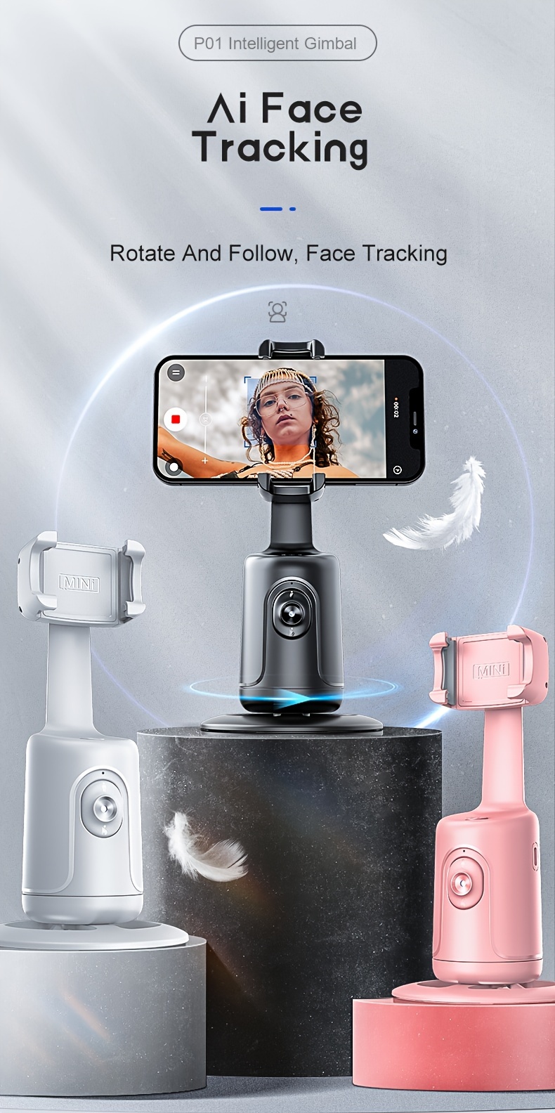 auto tracking phone holder tripod stand smart selfie stick 360 rotation fast face object tracking cameraman robot stand details 0