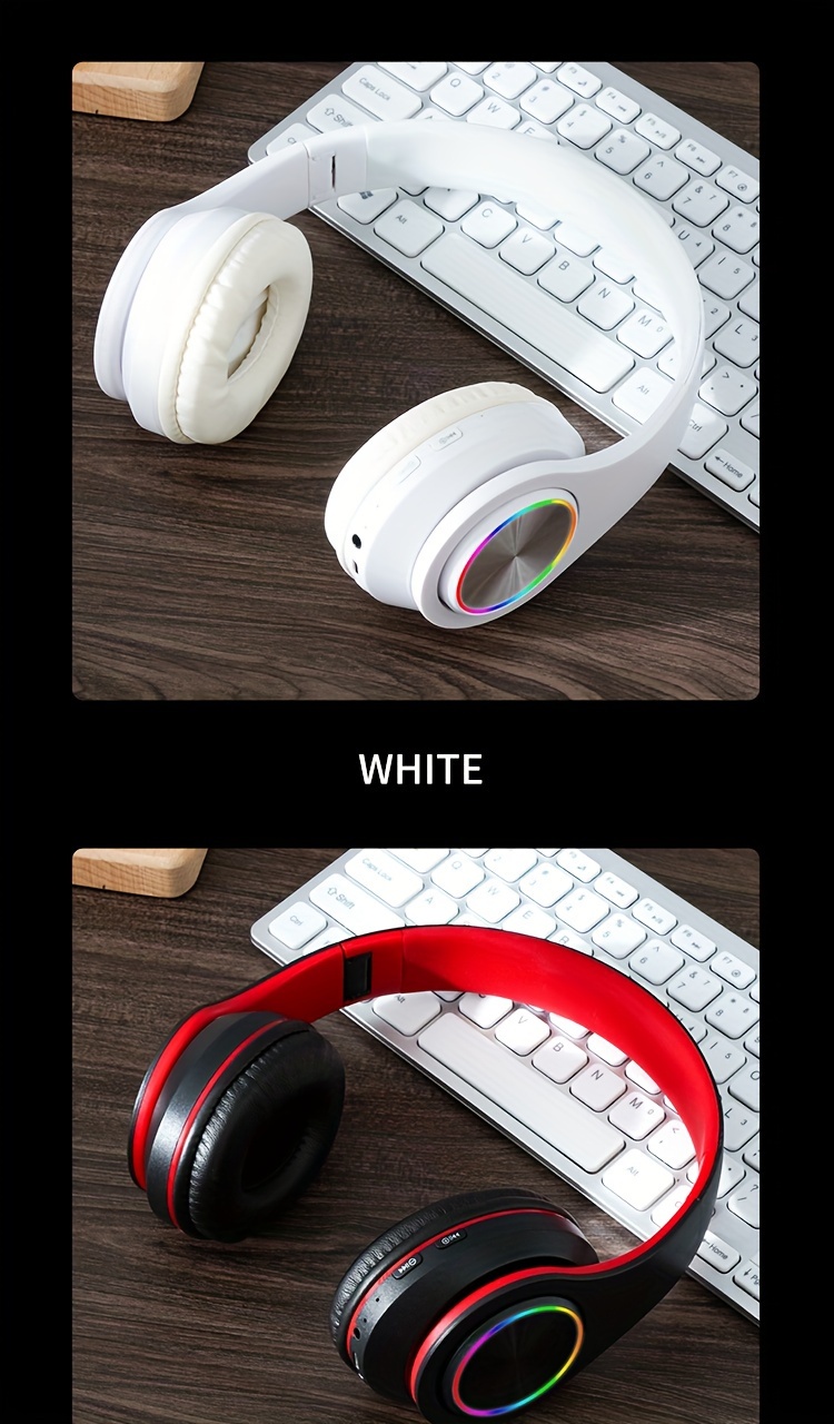 light emitting wireless headphones colorful led lights comfort over ear foldable headset with built in microphone fm sd card slot wired for school tablet computer pc tv cellphones travel gift for birthday easter details 12