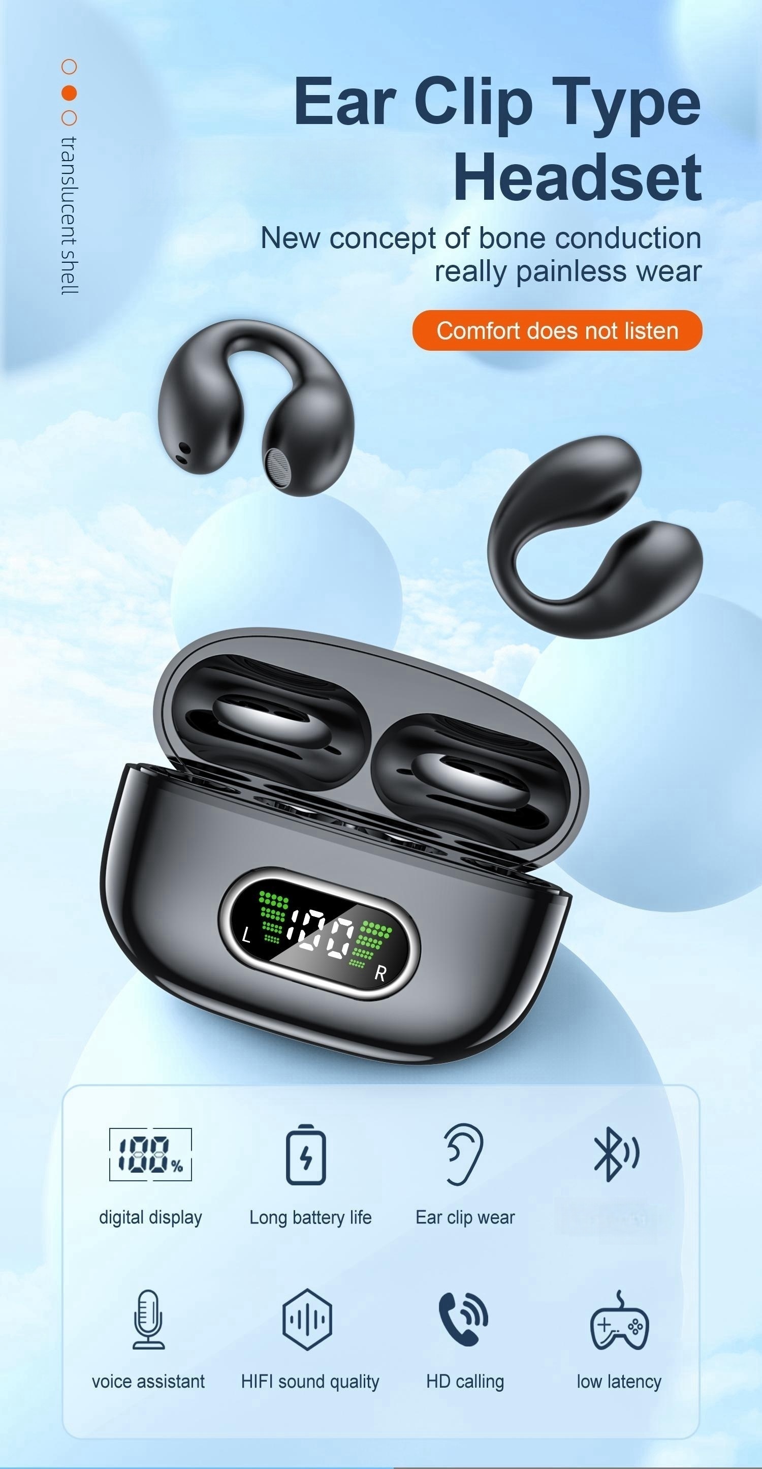 2023 new long battery life wireless earphones clip ear hd non in ear for iphone android universal digital display earphones stereo sound best gift unisex details 1