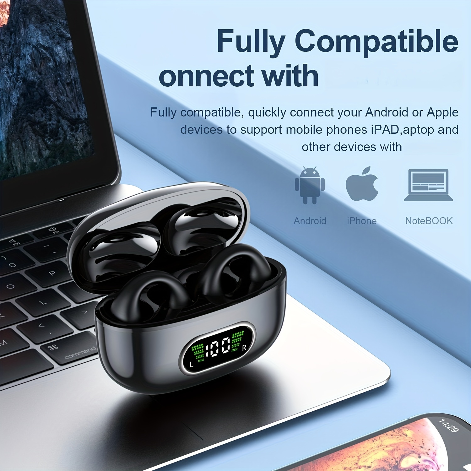 2023 new long battery life wireless earphones clip ear hd non in ear for iphone android universal digital display earphones stereo sound best gift unisex details 2
