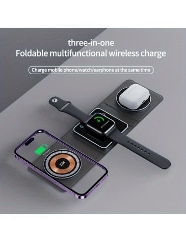 3-in-1 Wireless Charger Station: Foldable, Travel-Ready & Compatible with Multiple Devices - Includes Charging Ports for Apple Watch, Airpods, iPhone & More!