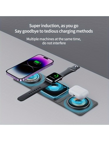 3-in-1 Wireless Charger Station: Foldable, Travel-Ready & Compatible with Multiple Devices - Includes Charging Ports for Apple Watch, Airpods, iPhone & More!