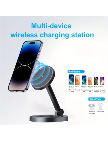 Foldable Wireless Charger 2in1 Fast Magnetic Station 15W Compatible With Mag-Safe Charging Station For Multiple Devices Wireless Charger Stand Charger Charging Dock For IPhone 14 13 12 Series IWatch AirPods
