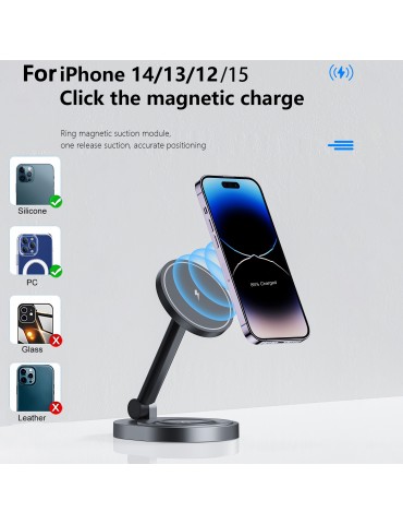 Foldable Wireless Charger 2in1 Fast Magnetic Station 15W Compatible With Mag-Safe Charging Station For Multiple Devices Wireless Charger Stand Charger Charging Dock For IPhone 14 13 12 Series IWatch AirPods