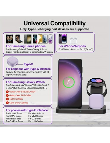 3 In 1 Charging Station For Samsung Multiple Devices Fast Charging Stand For Galaxy S23 Ultra/S23+/S22/S21/Note20/Z Flip/Z Fold 4/Galaxy Buds Wireless Charger Dock Stand For Galaxy Watch 6/Classic/ 5 Pro/4/3/Lte/Active/2/1