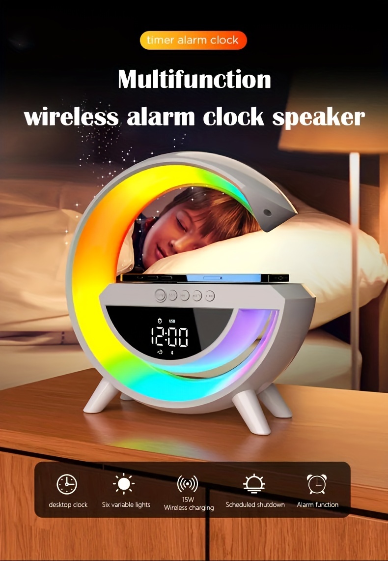 wireless speaker smart rgb light bar sunrise alarm clock to wake you up refreshed color changing timer alarm clock charger stand bedside lamp and speaker alarm clock simulates a sunset details 1