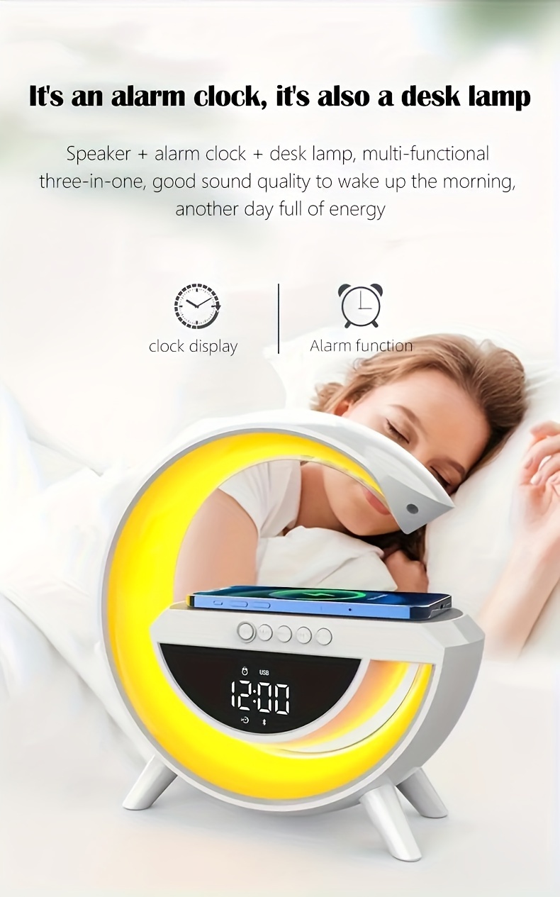 wireless speaker smart rgb light bar sunrise alarm clock to wake you up refreshed color changing timer alarm clock charger stand bedside lamp and speaker alarm clock simulates a sunset details 4