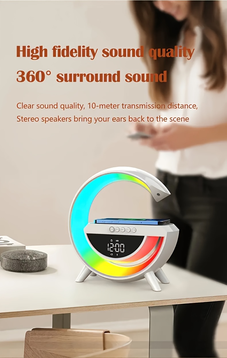 wireless speaker smart rgb light bar sunrise alarm clock to wake you up refreshed color changing timer alarm clock charger stand bedside lamp and speaker alarm clock simulates a sunset details 5