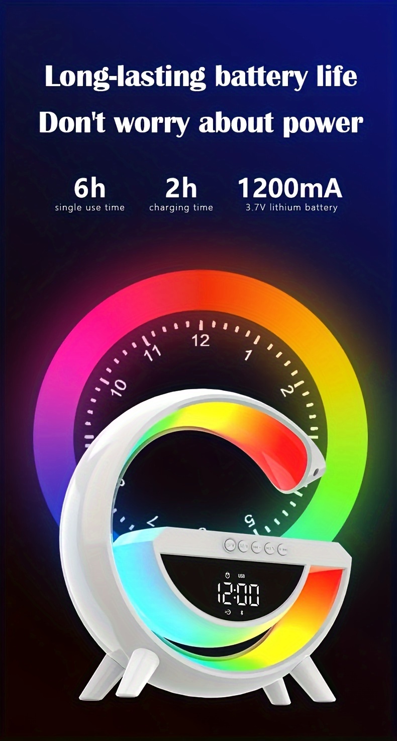 wireless speaker smart rgb light bar sunrise alarm clock to wake you up refreshed color changing timer alarm clock charger stand bedside lamp and speaker alarm clock simulates a sunset details 7