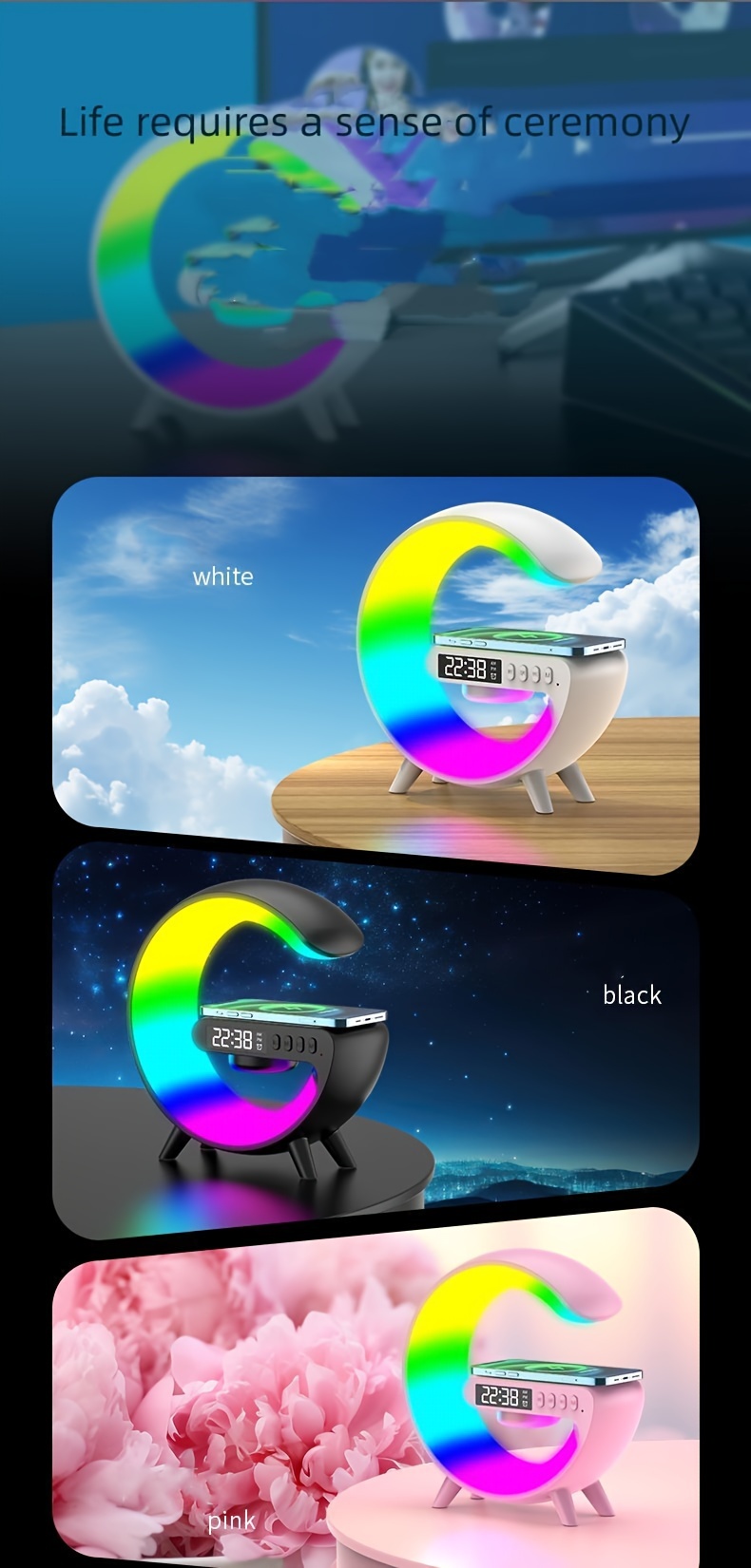 new color scheme wireless speaker wireless charging rhythm rgb light bar smart light sunrise alarm clock bedroom wake up light dimmable desk light details 3