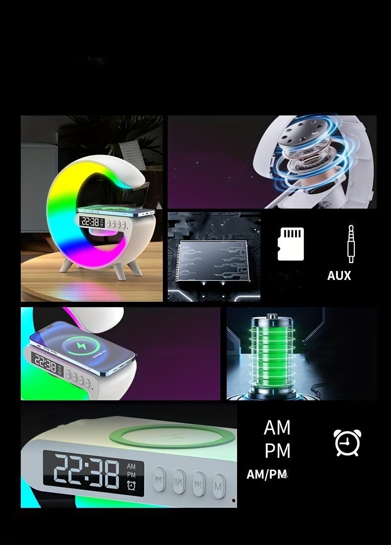 new color scheme wireless speaker wireless charging rhythm rgb light bar smart light sunrise alarm clock bedroom wake up light dimmable desk light details 4