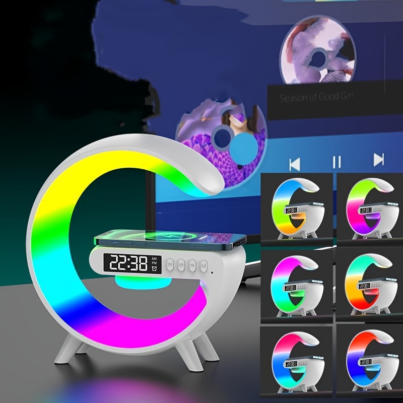 new color scheme wireless speaker wireless charging rhythm rgb light bar smart light sunrise alarm clock bedroom wake up light dimmable desk light details 7
