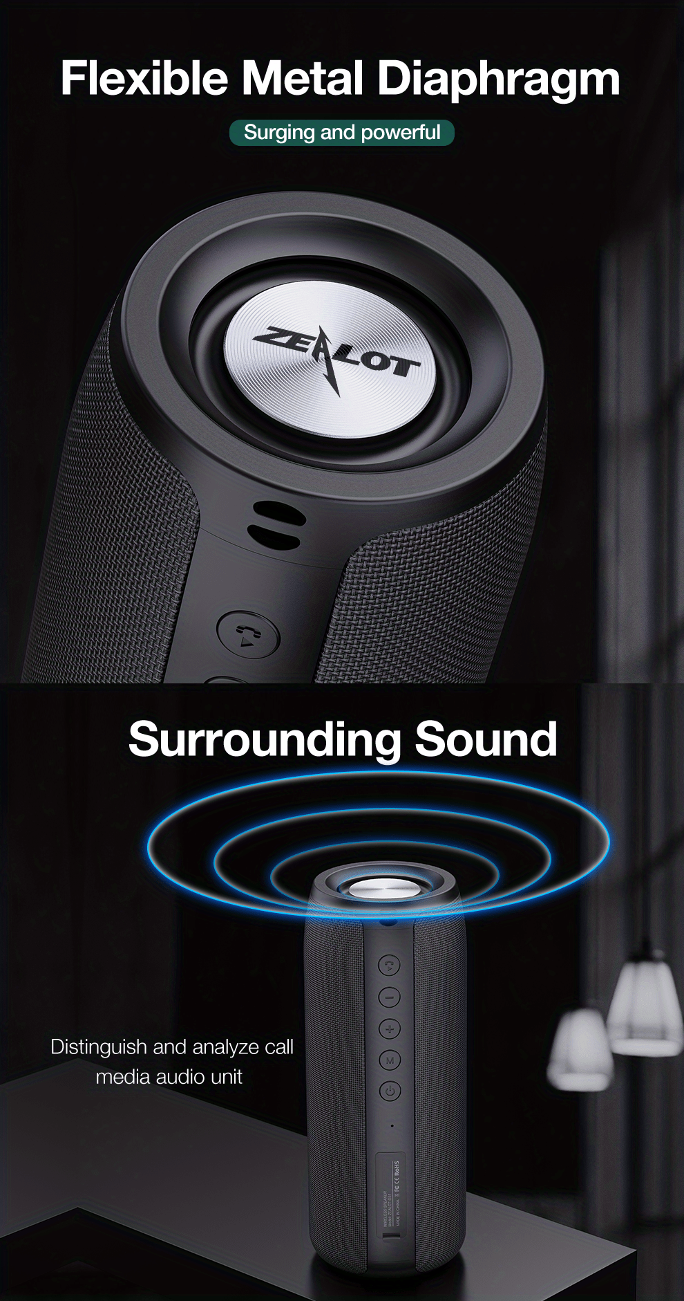 zealot 20w wireless speakers outdoor portable subwoofer speaker waterproof ipx 5 wireless speaker dual pairing 1800mah battery 6 hours playtime loud stereo booming bass details 3