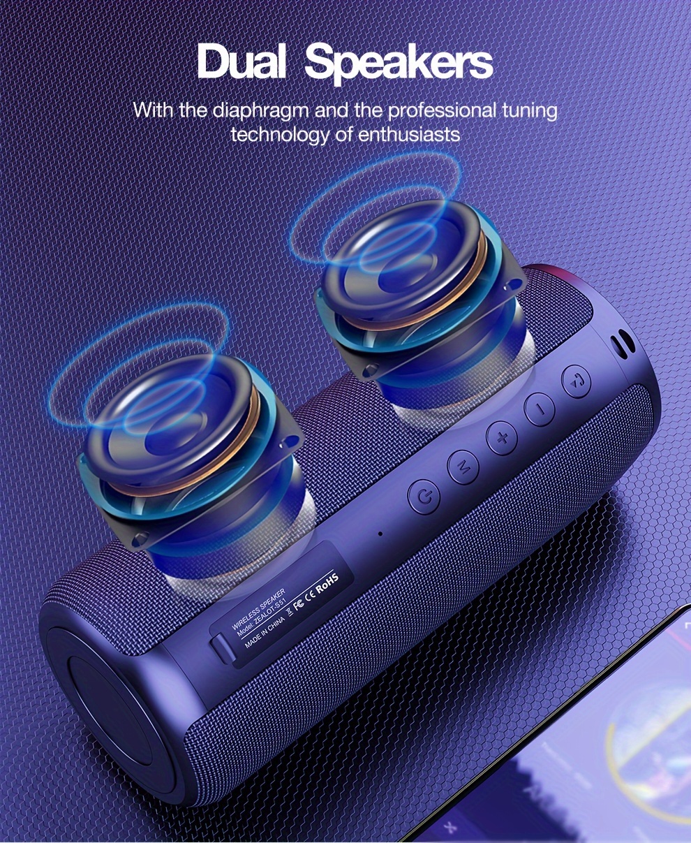 zealot 20w wireless speakers outdoor portable subwoofer speaker waterproof ipx 5 wireless speaker dual pairing 1800mah battery 6 hours playtime loud stereo booming bass details 4