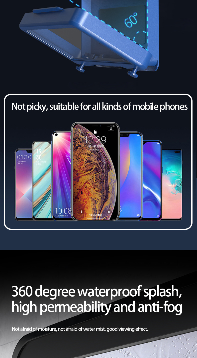 accessory, wall mount shower phone holder bathroom case waterproof self adhesive bathroom phone holder anti fog touch screen for bathroom shower kitchen make up compatible with mobile phones under 6 8 inches details 3