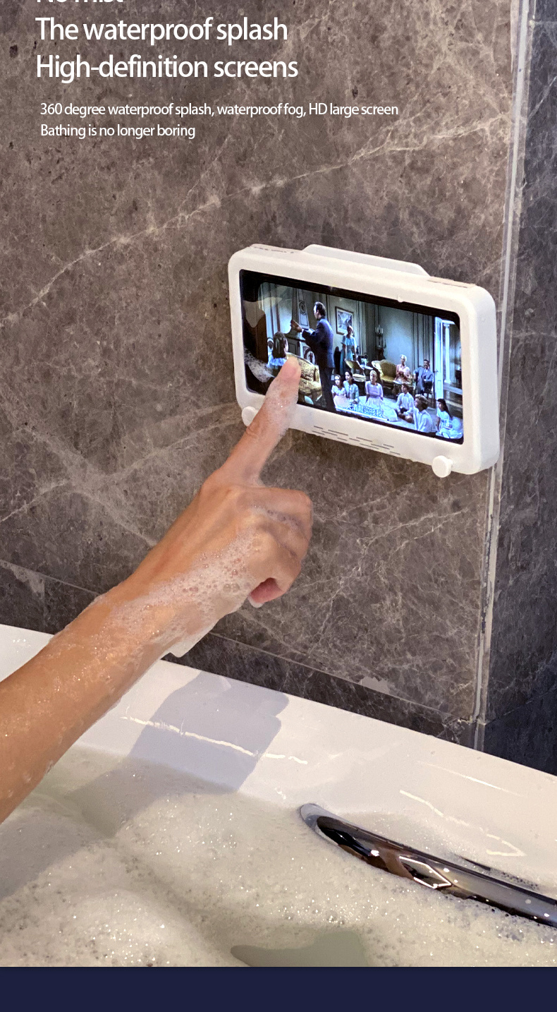 accessory, wall mount shower phone holder bathroom case waterproof self adhesive bathroom phone holder anti fog touch screen for bathroom shower kitchen make up compatible with mobile phones under 6 8 inches details 9