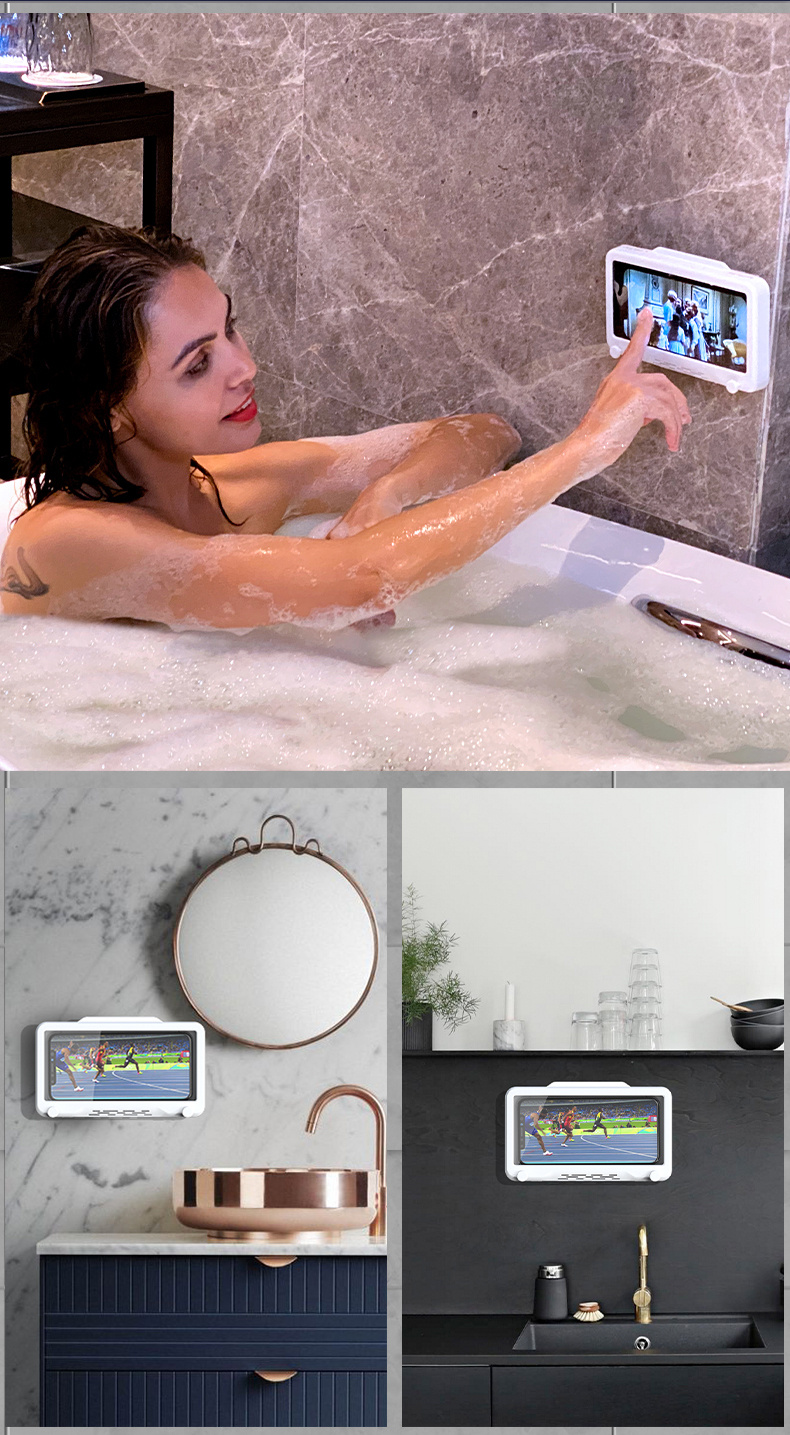 accessory, wall mount shower phone holder bathroom case waterproof self adhesive bathroom phone holder anti fog touch screen for bathroom shower kitchen make up compatible with mobile phones under 6 8 inches details 11