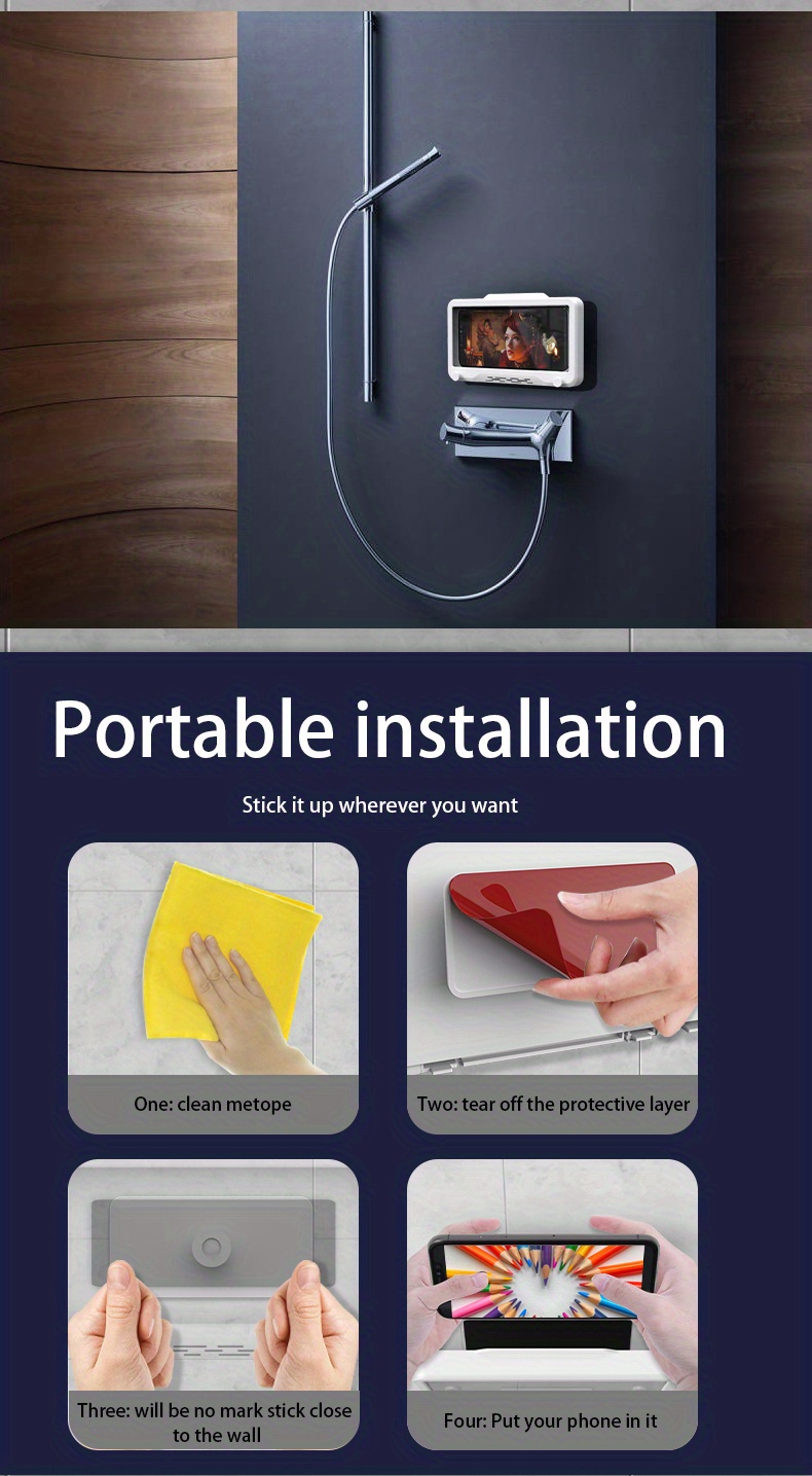 accessory, wall mount shower phone holder bathroom case waterproof self adhesive bathroom phone holder anti fog touch screen for bathroom shower kitchen make up compatible with mobile phones under 6 8 inches details 12