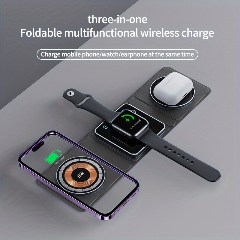 3 in 1 wireless charger station foldable travel ready compatible with multiple devices includes charging ports for apple watch airpods iphone more details 1