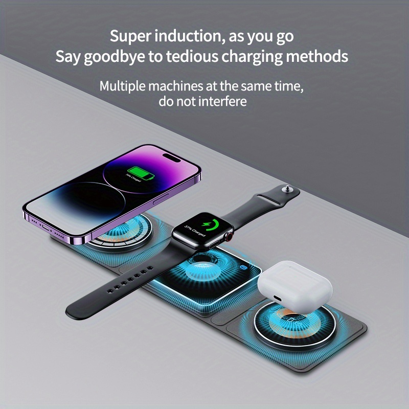 3 in 1 wireless charger station foldable travel ready compatible with multiple devices includes charging ports for apple watch airpods iphone more details 2