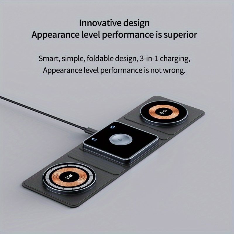 3 in 1 wireless charger station foldable travel ready compatible with multiple devices includes charging ports for apple watch airpods iphone more details 4