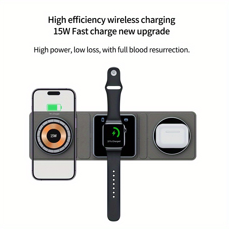 3 in 1 wireless charger station foldable travel ready compatible with multiple devices includes charging ports for apple watch airpods iphone more details 5