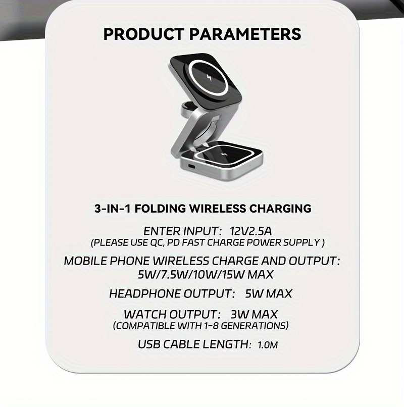 3-in-1 Foldable Magnetic Wireless Charger, Type-C Input, Maximum Output For Phone 15W, Watch 3W, And Earphones 5W. It Can Efficiently Charge Multiple Devices At The Same Time, Suitable For Home Use details 1
