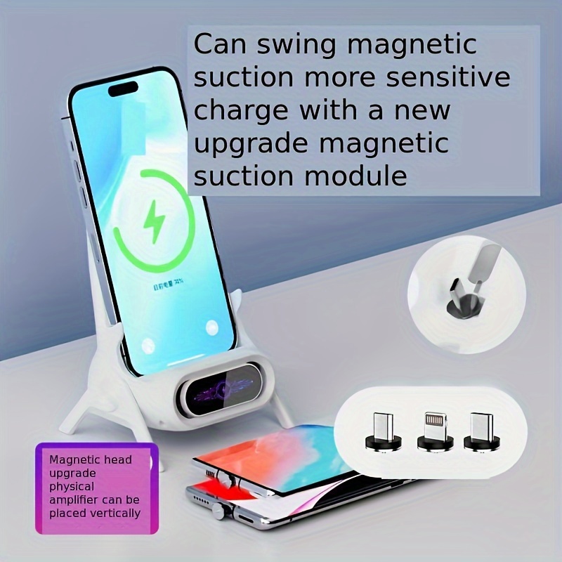 Portable Mini Chair Wireless Charger, Wireless Charging Station Phone Stand Holder Bracket With Musical Speakers Function For All Phones(Wireless Function Only Suitable For Mobile Phones With Wireless Charging Function, With 3pcs Charging Headsï¼‹1pc Fast Charge Cable) details 0